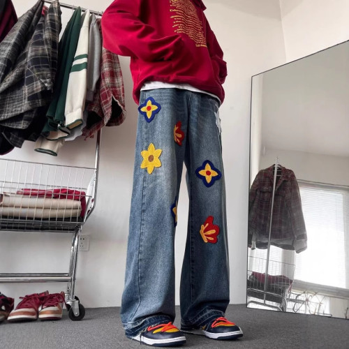 春秋季新款水洗牛仔褲男女ins潮牌高街嘻哈寬松直筒休閒長褲痞帥