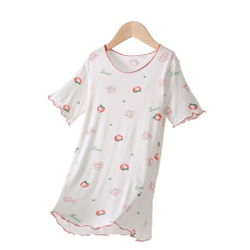 女童短袖睡裙兒童夏季薄款家居服寶寶可愛草莓兔卡通睡衣中大童