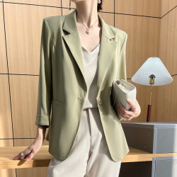 綠色西裝外套女春季新款高級感韓版英倫風七分袖寬松西裝上衣