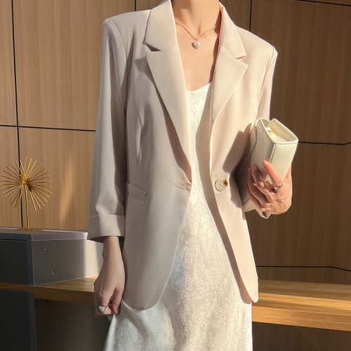 綠色西裝外套女春季新款高級感韓版英倫風七分袖寬松西裝上衣