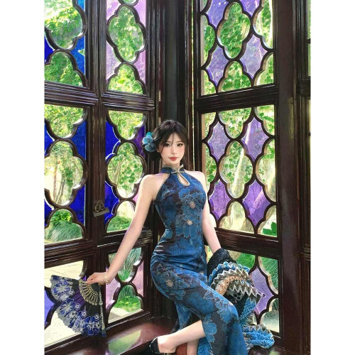 2025新夏款新中式國風印花改良旗袍連衣裙女氣質風情萬種包臀裙