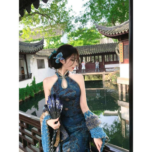 2025新夏款新中式國風印花改良旗袍連衣裙女氣質風情萬種包臀裙