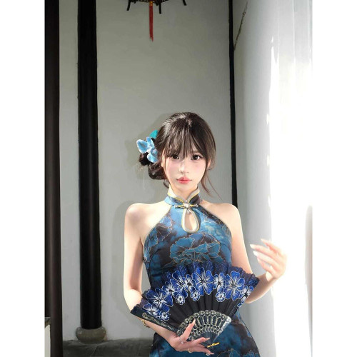2025新夏款新中式國風印花改良旗袍連衣裙女氣質風情萬種包臀裙