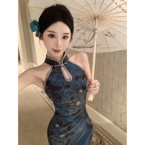 新中式國風復古印花旗袍改良連衣裙夏季性感辣妹身材收腰包臀裙
