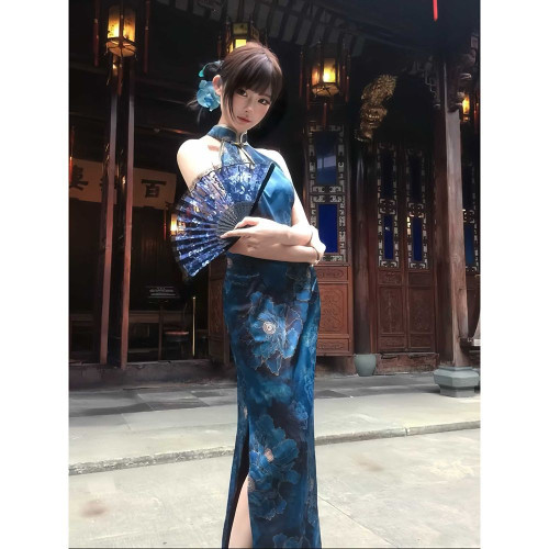 新中式國風復古印花旗袍改良連衣裙夏季性感辣妹身材收腰包臀裙