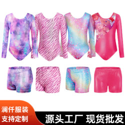 新款歐美表演體操服長袖印花女童三角連體短褲兒童體操舞蹈訓練服