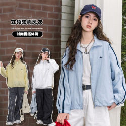 女童風衣外套2025年春季新款女大童初中生防曬服寬松休閒立領外套