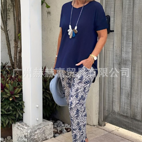 短袖印花上衣2025獨立站新款時尚女純色紋印花休閒套裝