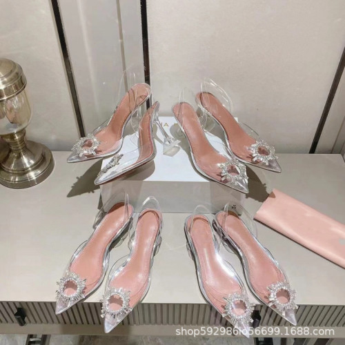 包頭涼鞋女2025新款春夏網紅太陽花水鑽透明仙女風粗跟尖頭高跟鞋