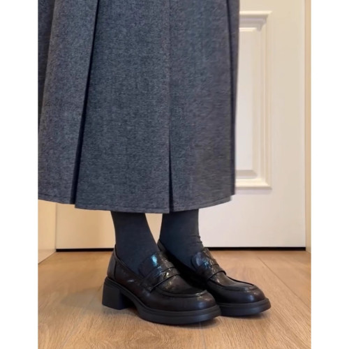 牛皮版~真皮英倫風厚底樂福鞋女百搭通勤圓頭復古粗跟小皮鞋單鞋