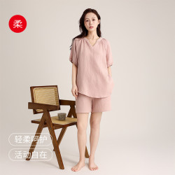 夏款純棉雙層縐布套裝女V領短款寬松休閒版可外穿法式家居服睡衣
