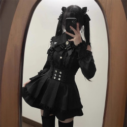 甜心邂逅暗黑量産型少女三色露肩襯衫+高腰半裙兩件套套裝