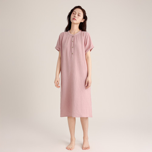 春夏款短袖睡裙雙層縐布套頭女士簡約長款連衣裙棉家居服薄可外穿