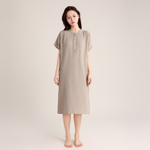春夏款短袖睡裙雙層縐布套頭女士簡約長款連衣裙棉家居服薄可外穿