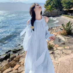 海邊度假風露肩連衣裙女2025新款法式溫柔風甜美寬松絕美仙女長裙