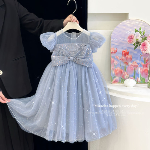 童鯊女童愛莎連衣裙夏裝女2023新款兒童泡泡袖禮服裙洋氣公主裙