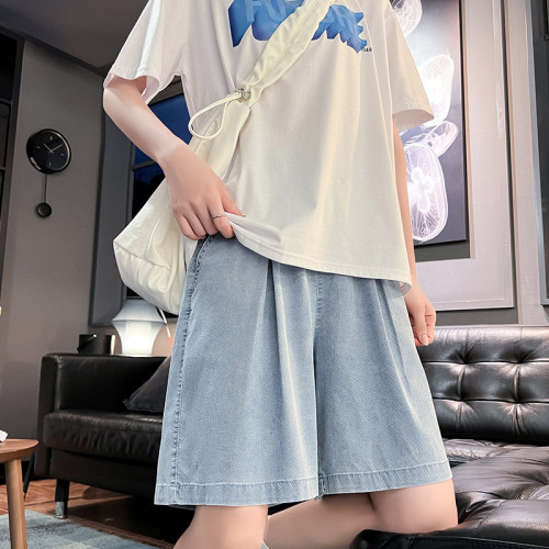 天絲牛仔短褲女2025夏季薄款高腰垂感直筒濶腿褲休閒五分牛仔潮褲