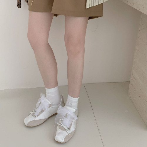 芭蕾風德訓鞋女2025春季新款甜妹圓頭緞面小白鞋蝴蝶結運動休閒鞋