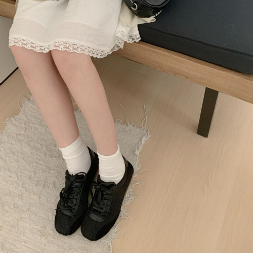 芭蕾風德訓鞋女2025春季新款甜妹圓頭緞面小白鞋蝴蝶結運動休閒鞋