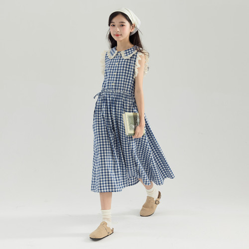 女童娃娃領格子連衣裙夏款中大童親子裝小飛袖無袖背心裙