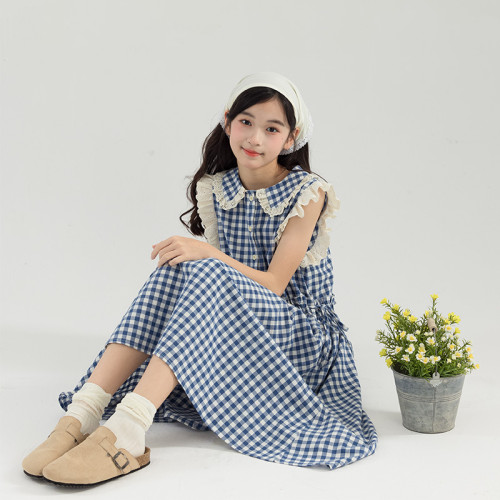 女童娃娃領格子連衣裙夏款中大童親子裝小飛袖無袖背心裙