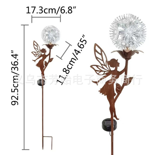 新款花仙子精靈與蒲公英共舞太陽能燈金屬工藝品插件花園裝飾