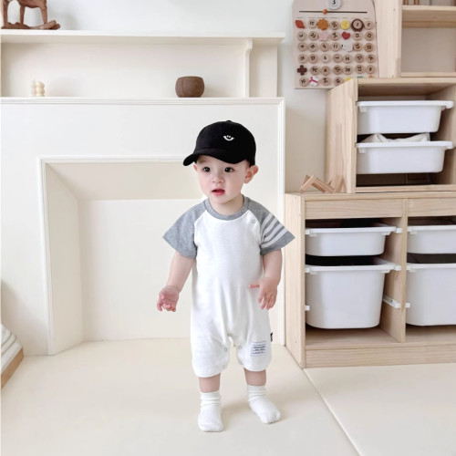 ins嬰幼兒夏季新款韓新生兒爬服寶寶拼色薄款連體衣短袖外出哈衣