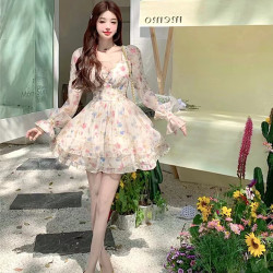Z純欲風甜美碎花連衣裙女新款設計感重工小禮服收腰顯瘦短裙子
