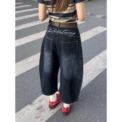 2025美式復古寬松彎刀七分牛仔褲男女夏季高街刺綉cleanfit濶腿褲