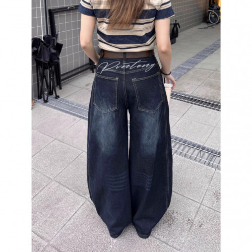 2025美式復古寬松彎刀七分牛仔褲男女夏季高街刺綉cleanfit濶腿褲