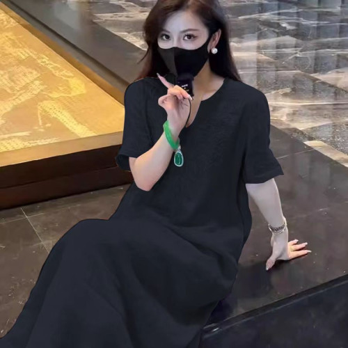 夏季新款寬松顯瘦氣質長裙子新中式國風重工刺綉領連衣裙女