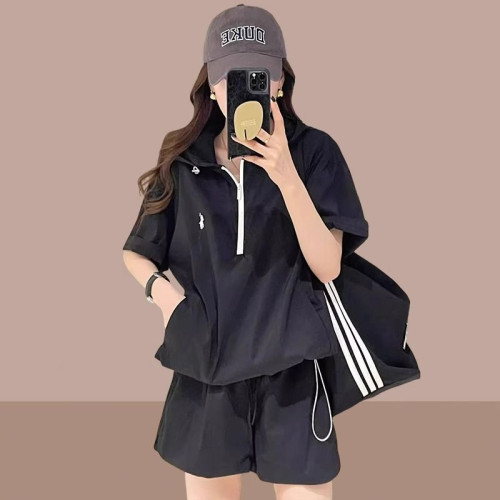 大碼防曬衣短褲兩件套歐洲站夏裝新款連帽時尚套裝女胖mm300