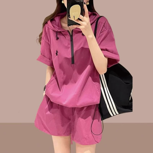 大碼防曬衣短褲兩件套歐洲站夏裝新款連帽時尚套裝女胖mm300