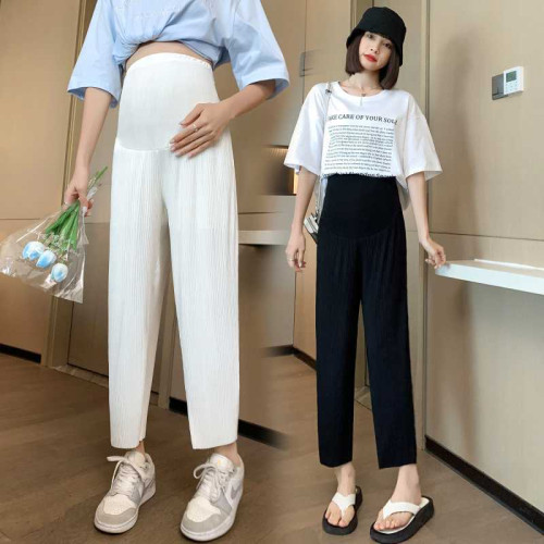 高品質夏季寬松孕婦壓褶冰絲九分蘿蔔濶腿垂感褲子