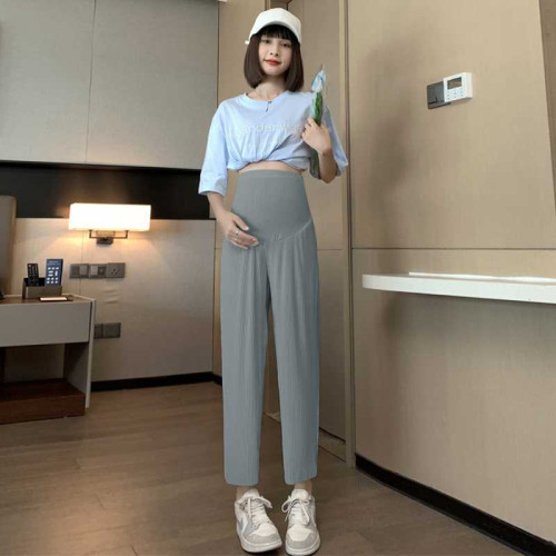 高品質夏季寬松孕婦壓褶冰絲九分蘿蔔濶腿垂感褲子