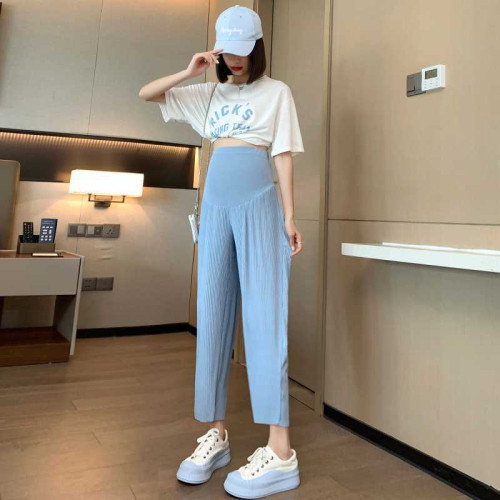 高品質夏季寬松孕婦壓褶冰絲九分蘿蔔濶腿垂感褲子