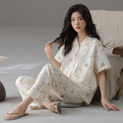 雲朵棉短袖長褲翻領睡衣女夏季甜美春秋可外穿休閒大碼家居服套裝