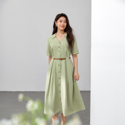 【法式氣質收腰顯瘦剪刀領連衣裙】纖莉秀大碼女裝胖mm2025夏新款