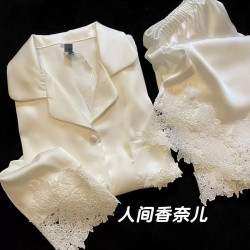 冰絲睡衣女2025新款春秋季高級感花邊拼接緞面可外穿長袖家居套裝