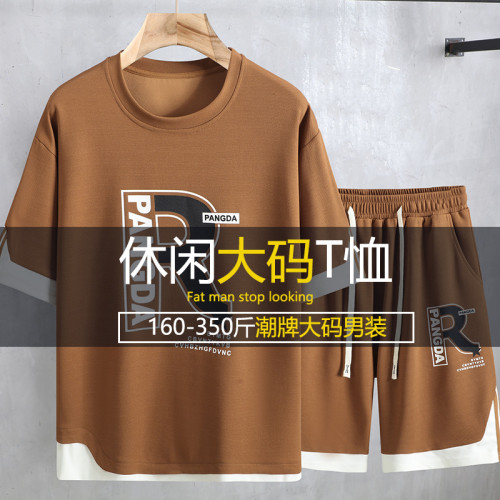 夏季大碼男裝短袖短褲套裝加肥加大胖子寬松休閒上衣五分褲330斤