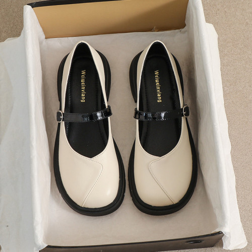 學院風JK製服一字圓頭粗跟瑪麗珍鞋女小香風大碼單鞋女小衆設計感