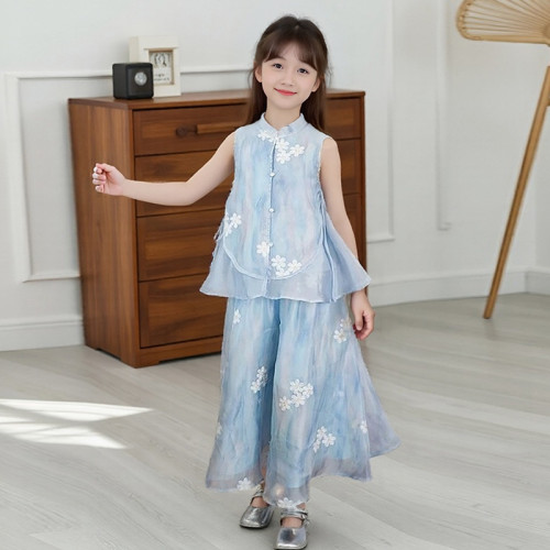 女童無袖旗袍套裝2025夏款大童國風薄款漢服冰絲新中式背心濶