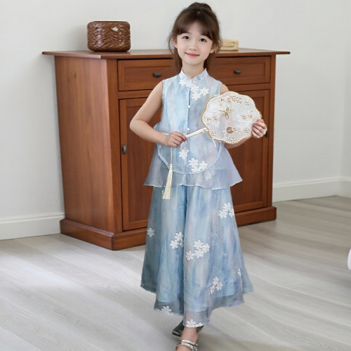 女童無袖旗袍套裝2025夏款大童國風薄款漢服冰絲新中式背心濶