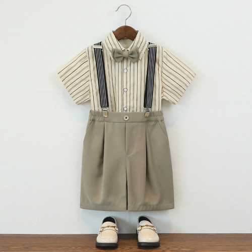 男童西裝套裝春夏短袖襯衫背帶褲花童周嵗禮服學生六一主持演出服
