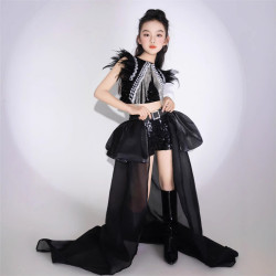 女童黑色亮片T台走秀服大玩家潮服拖尾PK賽服疾風運動8酷帥9套裝7