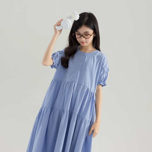 女童短袖連衣裙2025夏季新款中大童大碼寬松顯瘦過膝拼接蛋糕長裙