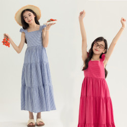 女童連衣裙2025夏款清新條紋飛袖長裙背心裙沙灘裙中大童連衣裙