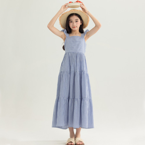 女童連衣裙2025夏款清新條紋飛袖長裙背心裙沙灘裙中大童連衣裙