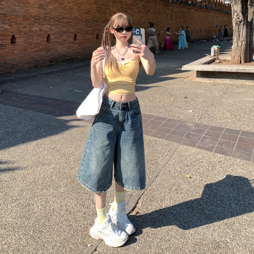 橙絹女裝#美式復古牛仔短褲2025夏季直筒濶腿A字中腰磨邊五分褲子