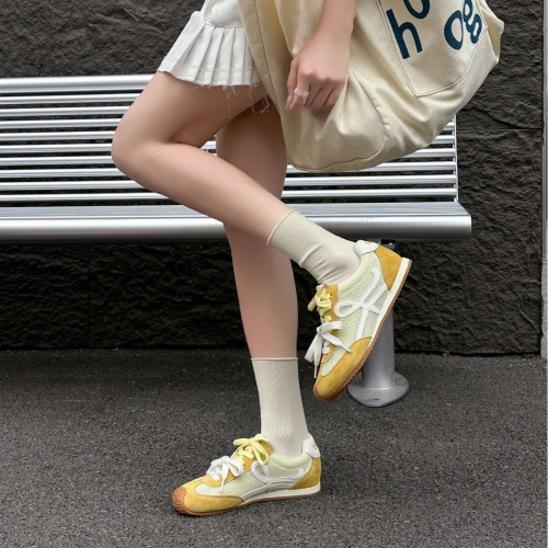 2025年夏季新款德訓鞋女拼色系帶阿甘鞋平底時尚休閒運動鞋網鞋女